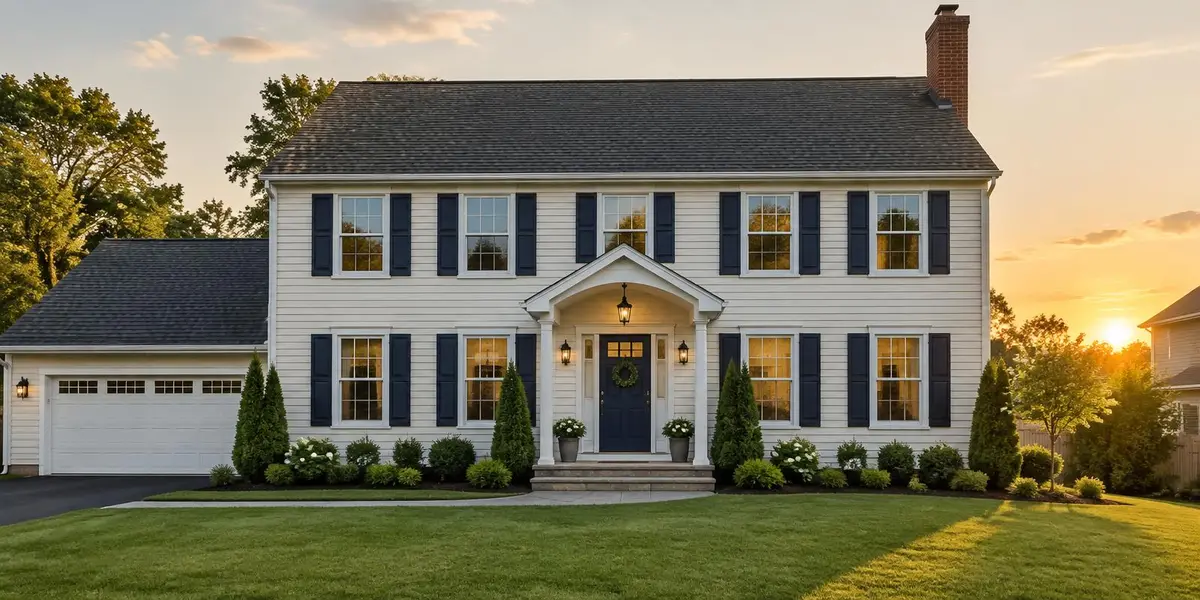 Newly replaced front elevation of a colonial home at golden hour